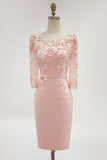 Blush Pink Appliqued Sheath Midi Mother of the Bride Dress With 3/4 Sleeves