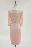 Blush Pink Appliqued Sheath Midi Mother of the Bride Dress With 3/4 Sleeves
