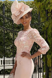 Blush Pink Appliqued Sheath Midi Mother of the Bride Dress With 3/4 Sleeves