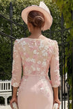 Blush Pink Appliqued Sheath Midi Mother of the Bride Dress With 3/4 Sleeves
