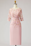 Dusty Rose Boat Neck Floral Midi Mother of the Bride Dress with Half Sleeves
