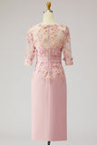 Dusty Rose Boat Neck Floral Midi Mother of the Bride Dress with Half Sleeves
