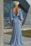 Light Blue Chiffon Sheath Long Mother of the Bride Dress with 3/4 Sleeves