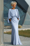 Light Blue Chiffon Sheath Long Mother of the Bride Dress with 3/4 Sleeves