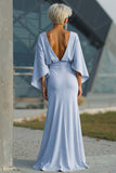 Light Blue Chiffon Sheath Long Mother of the Bride Dress with 3/4 Sleeves