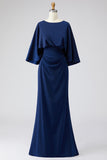 Light Blue Chiffon Sheath Long Mother of the Bride Dress with 3/4 Sleeves