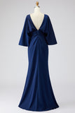 Light Blue Chiffon Sheath Long Mother of the Bride Dress with 3/4 Sleeves