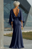 Light Blue Chiffon Sheath Long Mother of the Bride Dress with 3/4 Sleeves