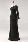 One Shoulder Black Mermaid Lace Long Mother of the Bride Dress