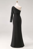 One Shoulder Black Mermaid Lace Long Mother of the Bride Dress
