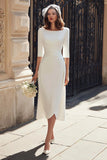 Ivory Bateau Neck Sheath Midi Engagement Dress