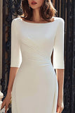 Ivory Bateau Neck Sheath Midi Engagement Dress