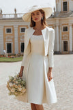 Ivory 2 Piece A Line Satin Midi Engagement Dress