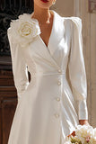 3D Flower Ivory Satin Shawl Lapel A Line Engagement Dress