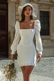 Long Sleeve Bodycon Ivory Short Engagement Dress with Ruffles