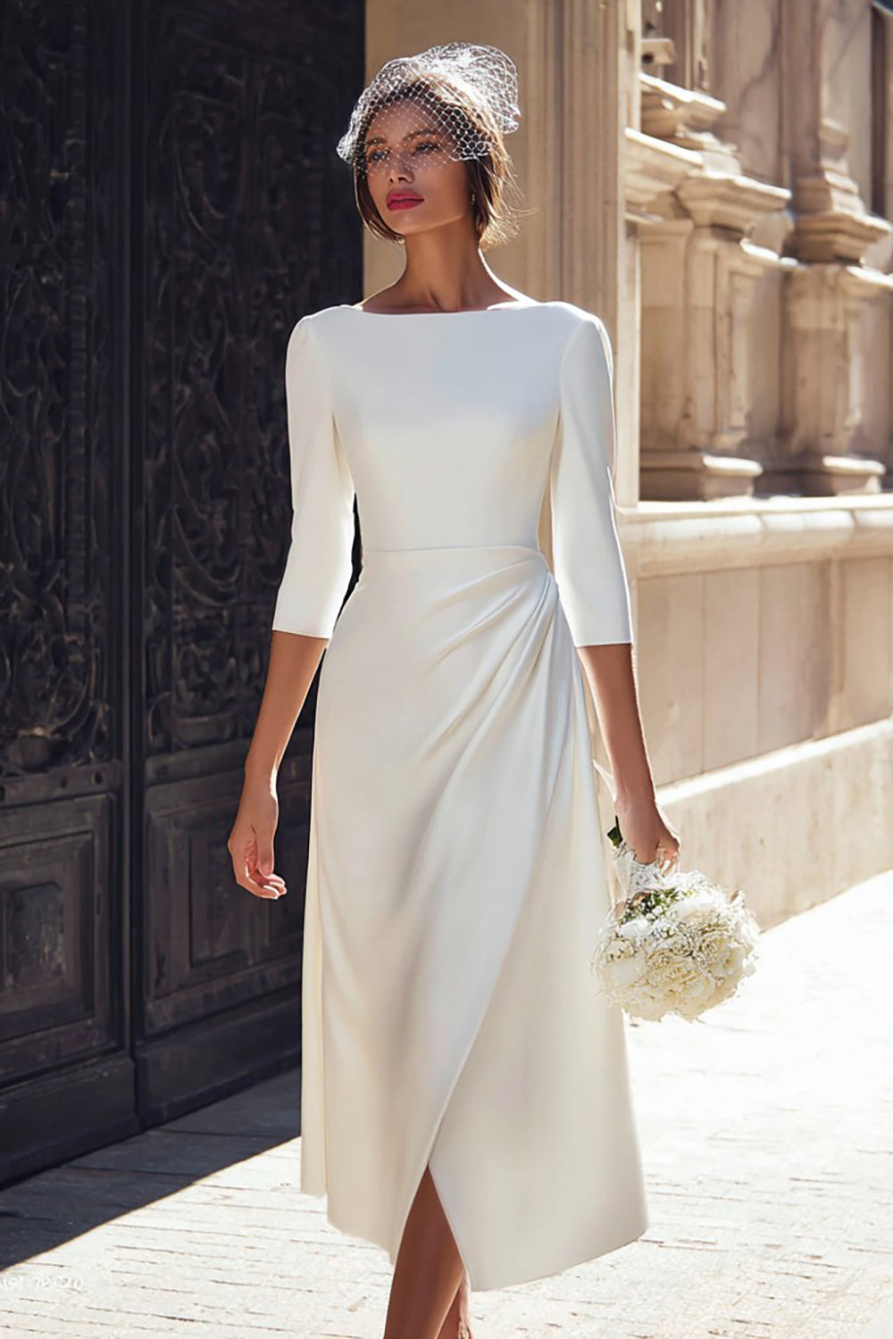 WEDTREND Women Bateau Neck Engagement Dress Ivory A Line Midi Half Sleeve Ruched Wedding Dress with Slit Wedtrend UK WEDTREND Women Bateau Neck Engagement Dress Ivory A Line Midi Half Sleeve Ruched Wedding Dress with Slit Wedtrend UK