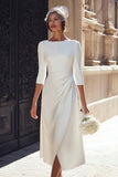 Bateau Neck Ivory A Line Midi Engagement Dress with Slit