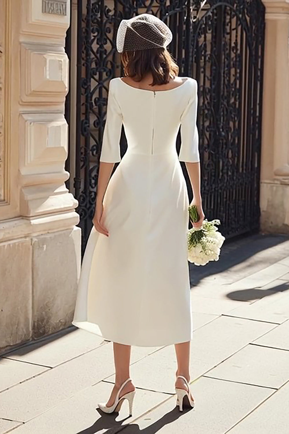 WEDTREND Women Bateau Neck Engagement Dress Ivory A Line Midi Half Sleeve Ruched Wedding Dress with Slit Wedtrend UK WEDTREND Women Bateau Neck Engagement Dress Ivory A Line Midi Half Sleeve Ruched Wedding Dress with Slit Wedtrend UK