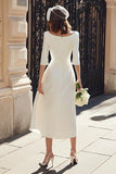 Bateau Neck Ivory A Line Midi Engagement Dress with Slit
