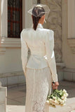Shawl Lapel 2 Piece Ivory Bodycon Lace Engagement Dress