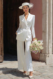 Peaked Lapel 2 Piece Ivory Engagement Suits with Belt