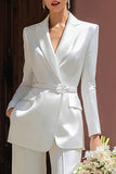 Peaked Lapel 2 Piece Ivory Engagement Suits with Belt