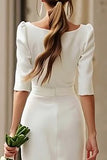 Ivory Bateau Neck Bodycon Midi Engagement Dress
