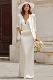 2 Piece Satin Long Sleeve Ivory Sheath Engagement Dress