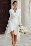 Shawl Lapel Satin Ivory A Line Midi Engagement Dress