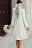 Shawl Lapel Satin Ivory A Line Midi Engagement Dress