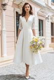 Ivory Half Sleeve V Neck A Line Lace Engagement Dress