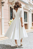 Ivory Half Sleeve V Neck A Line Lace Engagement Dress