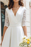 Ivory Half Sleeve V Neck A Line Lace Engagement Dress
