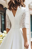 Ivory Half Sleeve V Neck A Line Lace Engagement Dress