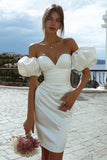 Off the Shoulder Bodycon Satin Ivory Engagement Dress