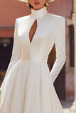 Long Sleeve A Line Satin Cut Out Ivory Wedding Dress