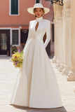 Satin High Neck A Line Cut Out Ivory Wedding Dress
