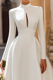 Satin High Neck A Line Cut Out Ivory Wedding Dress