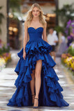 High Low Tiered Strapless Dark Blue Prom Dress