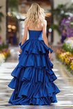 High Low Tiered Strapless Dark Blue Prom Dress