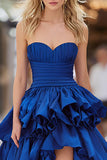 High Low Tiered Strapless Dark Blue Prom Dress