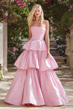 Tiered Strapless A Line Pink Prom Dress