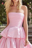 Tiered Strapless A Line Pink Prom Dress