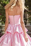 Tiered Strapless A Line Pink Prom Dress