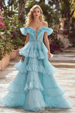 Off the Shoulder A Line Sky Blue Tiered Prom Dress