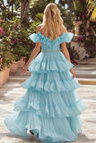 Off the Shoulder A Line Sky Blue Tiered Prom Dress
