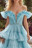 Off the Shoulder A Line Sky Blue Tiered Prom Dress