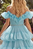 Off the Shoulder A Line Sky Blue Tiered Prom Dress