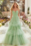 Light Green A Line Tiered Tulle Princess Prom Dress