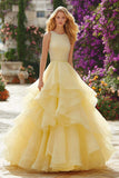 Sparkly Princess Beaded Light Yellow Prom Dress with Ruffles